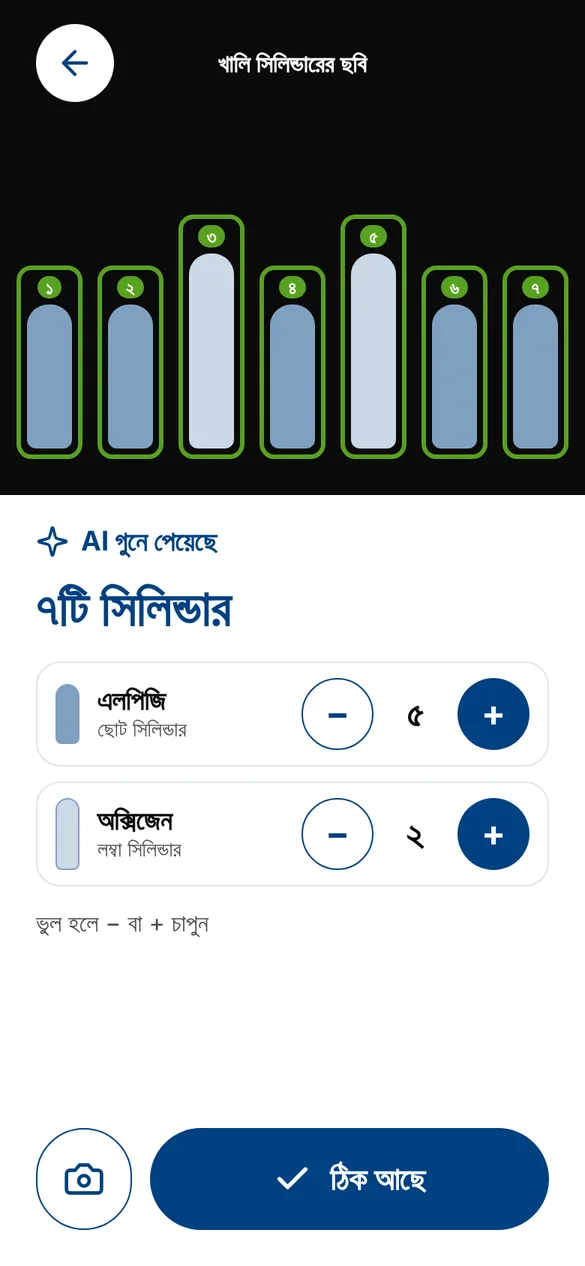 Photo counting screen: seven gas cylinders boxed and numbered by AI, split into 5 LPG and 2 oxygen